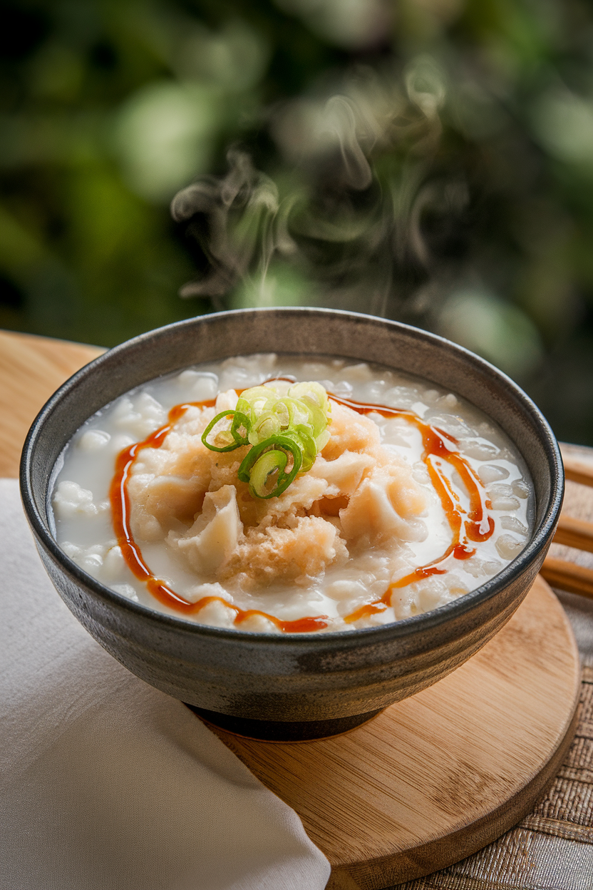 Indoor bowl of creamy rice congee topped with cod flakes, sliced scallions, and drizzle of soy, steam visible. No text or logos.