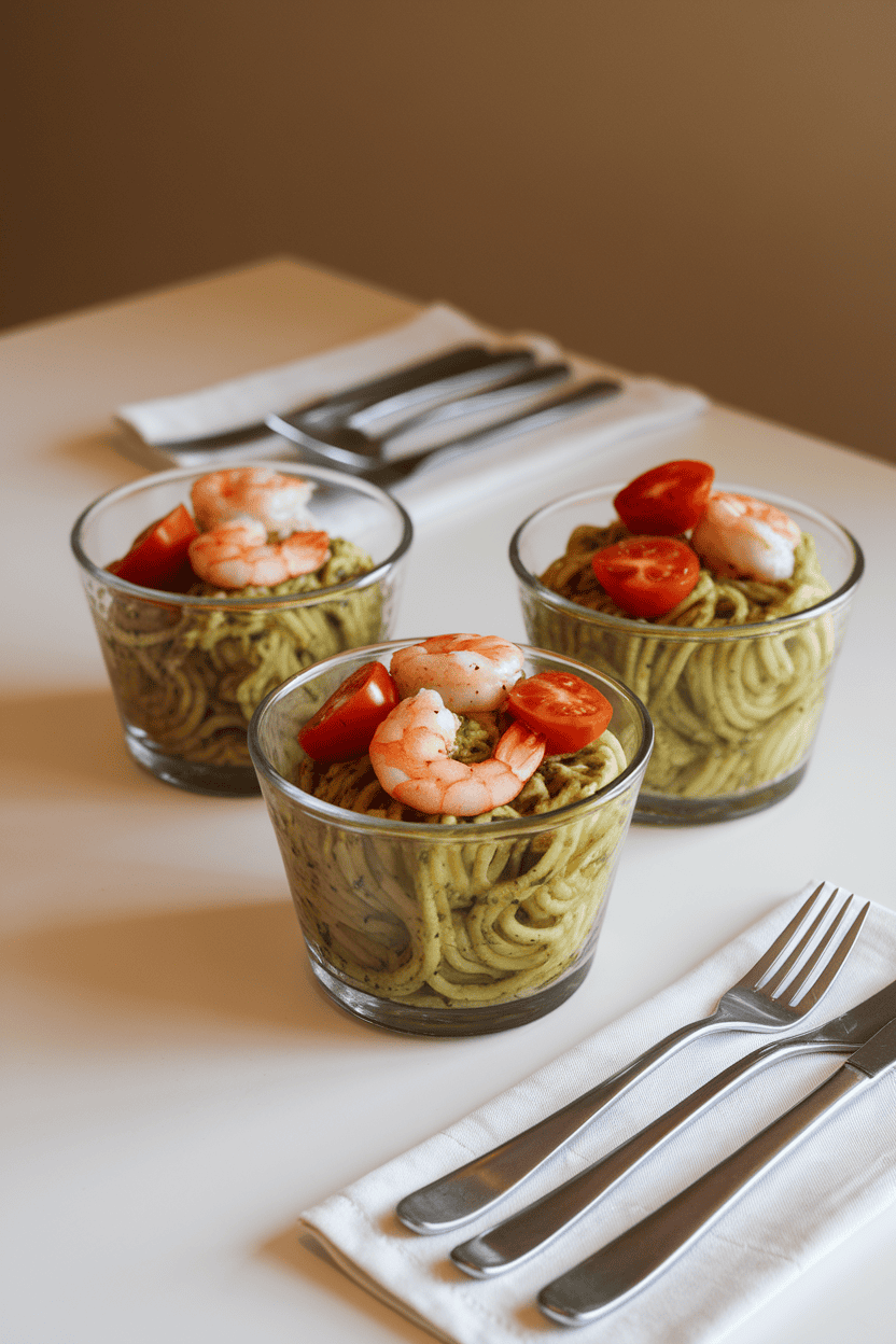 An indoor dining table with individual glass bowls of spiral pasta tossed in green pesto, topped with sautéed shrimp and cherry tomato halves. Photo only, no logos or text.