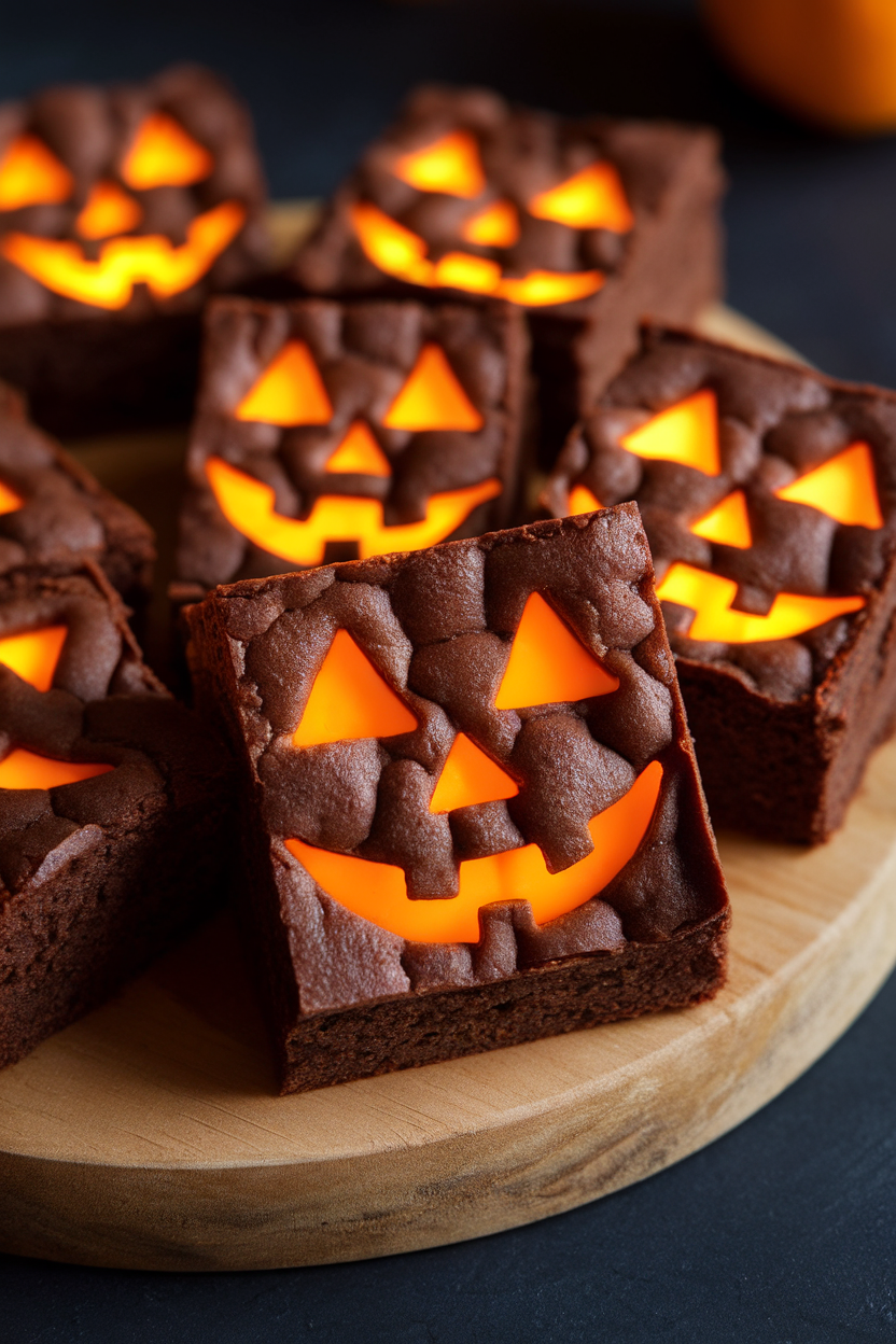 Indoor photo of brownie squares featuring bright orange apricot jam “windows” glowing through cut-out jack-o’-lantern faces; no text or logos