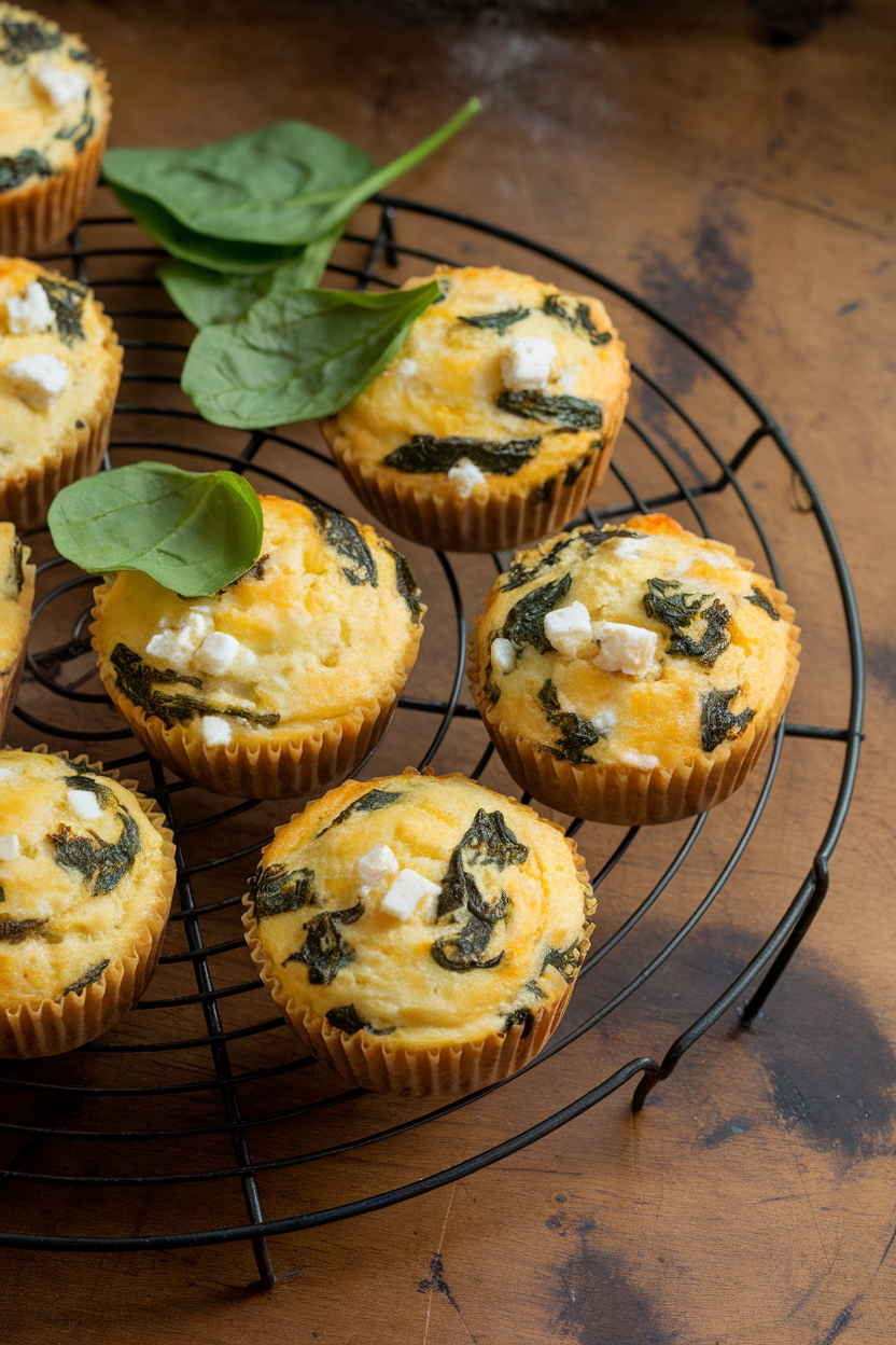 Photo of a cooling rack indoors holding several baked egg muffins studded with spinach and feta, golden edges visible. No text or logos.