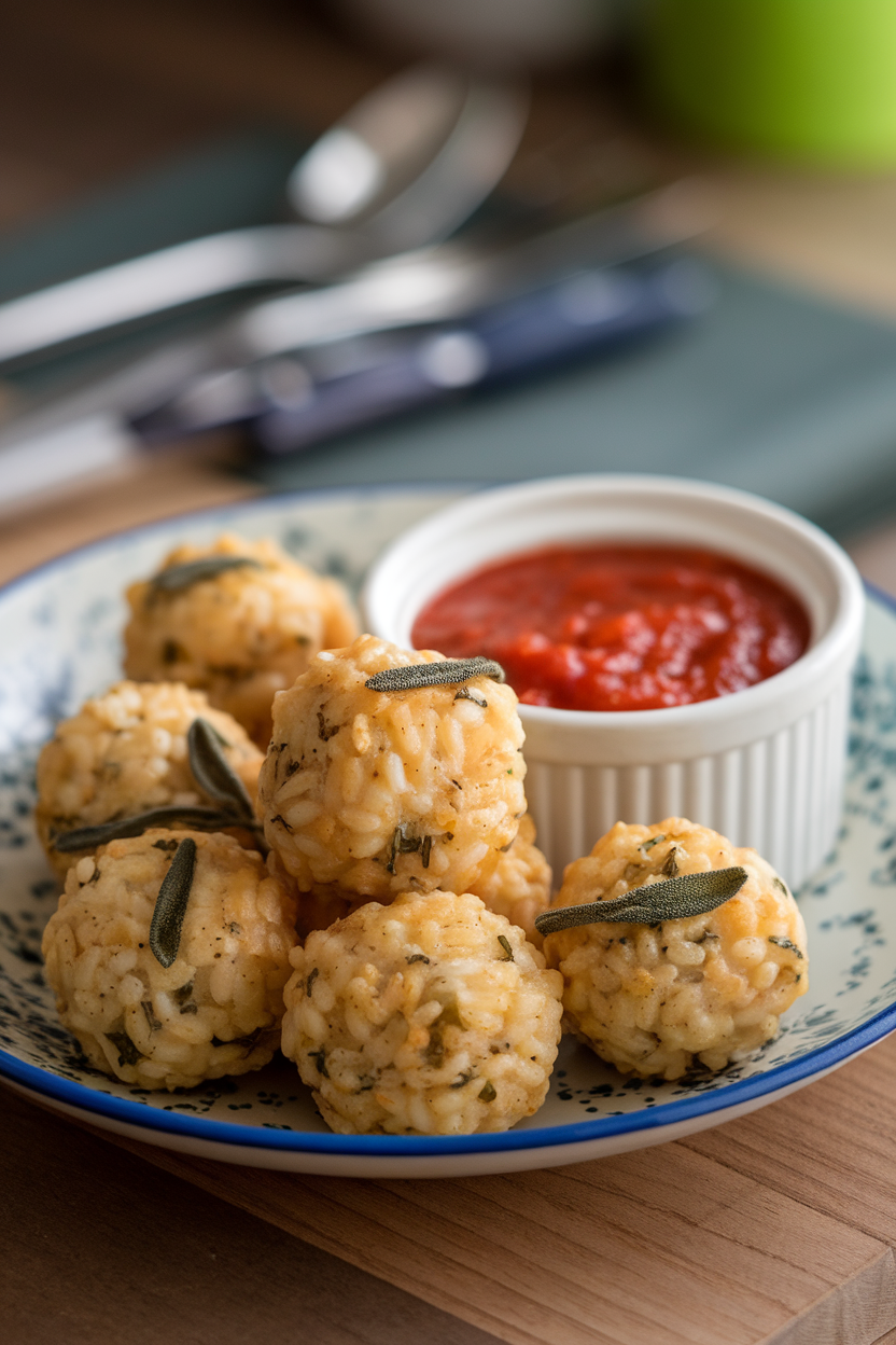 An indoor plate with fried risotto balls speckled with sage, served alongside a small ramekin of marinara. No text or logos. Photo only.