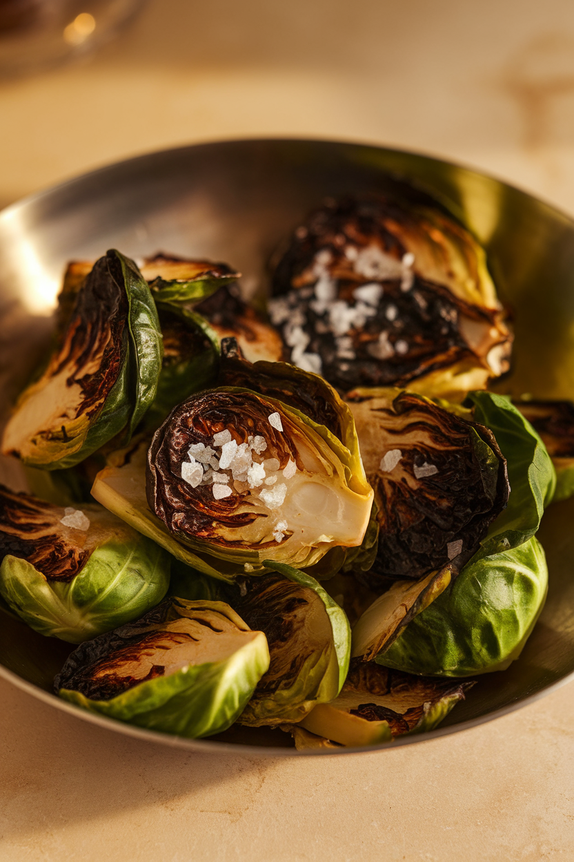 Indoor photo of crispy Brussels sprout leaves piled in a shallow dish, some edges charred dark, sprinkled with flaky sea salt. No text or logos.