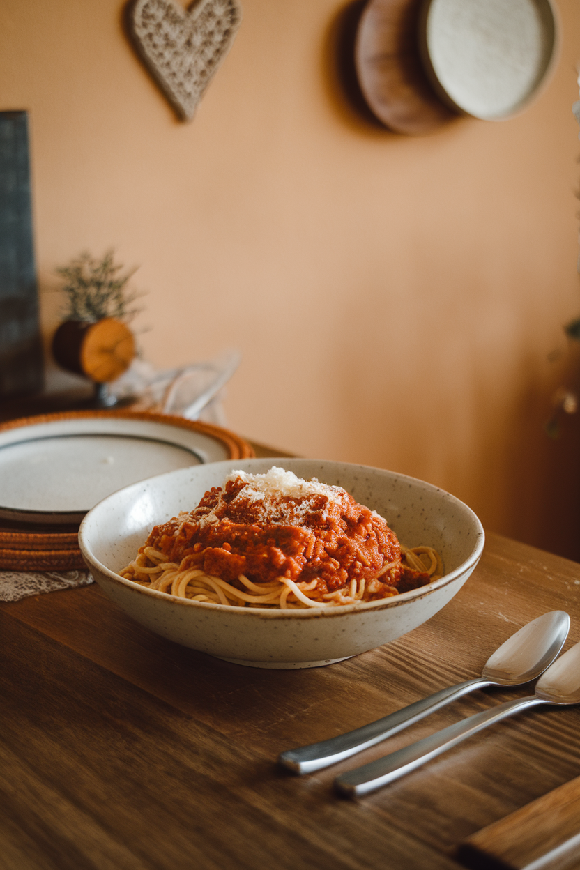 An indoor kitchen table with a bowl of whole-wheat spaghetti coated in hearty lentil tomato sauce, grated Parmesan beside it. Photo only, no logos.