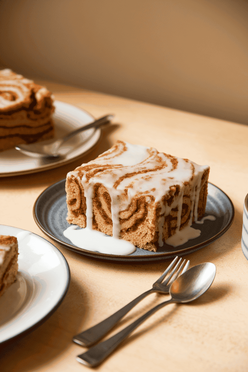 An indoor breakfast table showing a square of cinnamon-swirled cake topped with thick vanilla glaze, swirls clearly visible. No text or logos. Photo only.