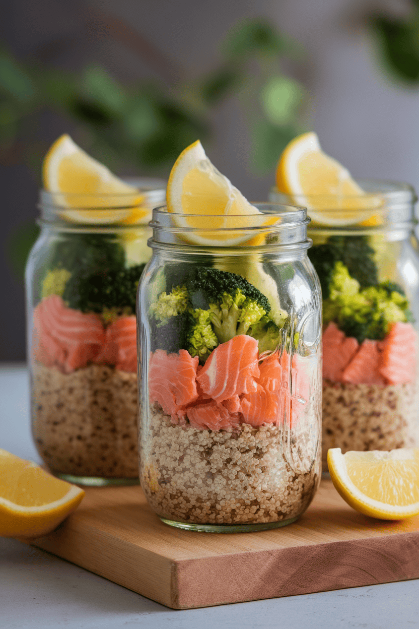 Tall mason jars indoors layered with quinoa, poached salmon flakes, steamed broccoli, and lemon wedges on top. Photo only, no logos or text.