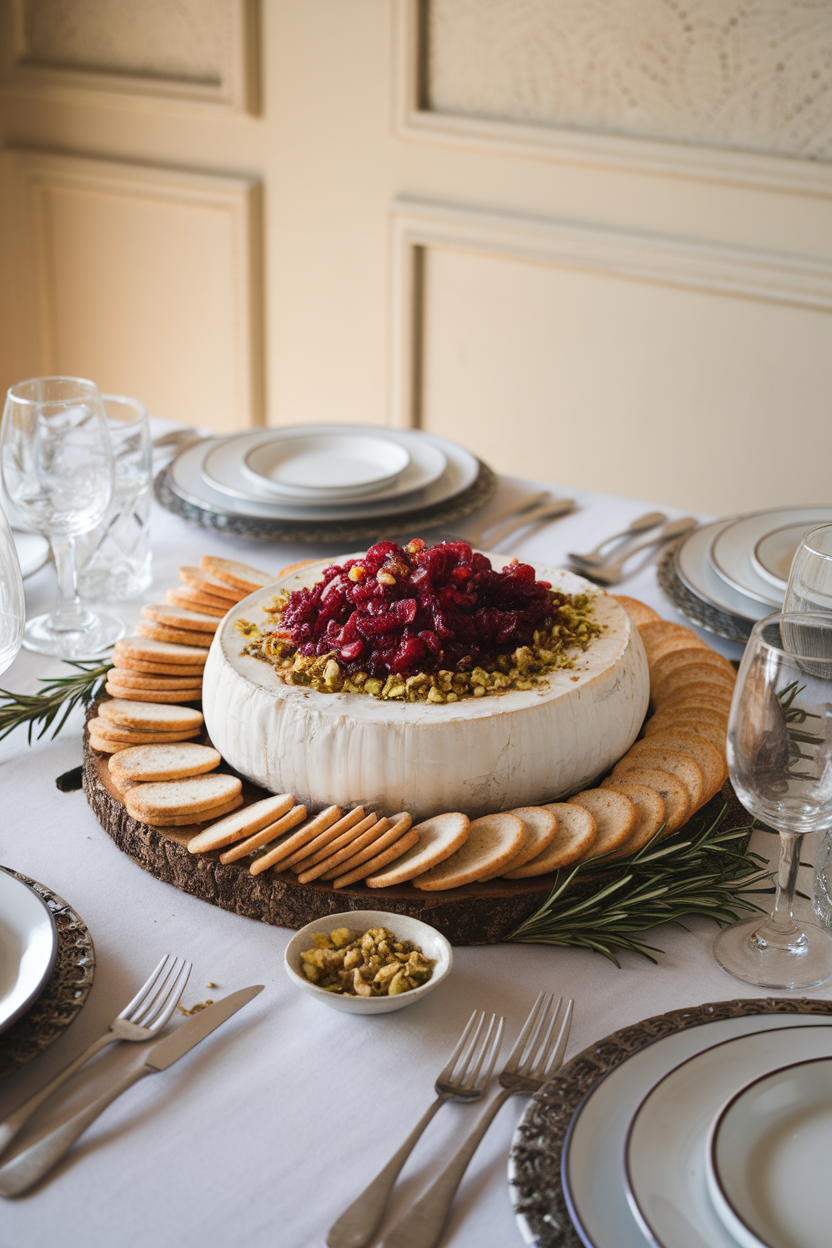 A softly lit indoor dining table featuring a whole wheel of brie topped with cranberry relish and crushed pistachios, surrounded by baguette coins and rosemary crackers. No text or logos. Photo only.