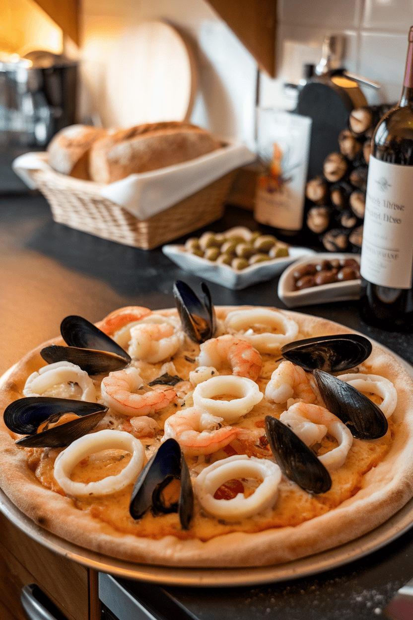 Indoor kitchen counter with a pizza topped in cooked calamari rings, shrimp, and mussels over a garlic butter base. No raw fish, no text or logos.
