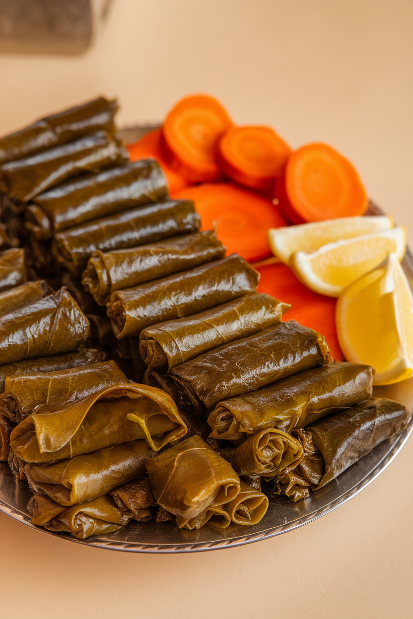 Photo, indoor platter with neatly rolled cooked grape leaves, sliced carrots, and a side of lemon wedges; no text or logos.