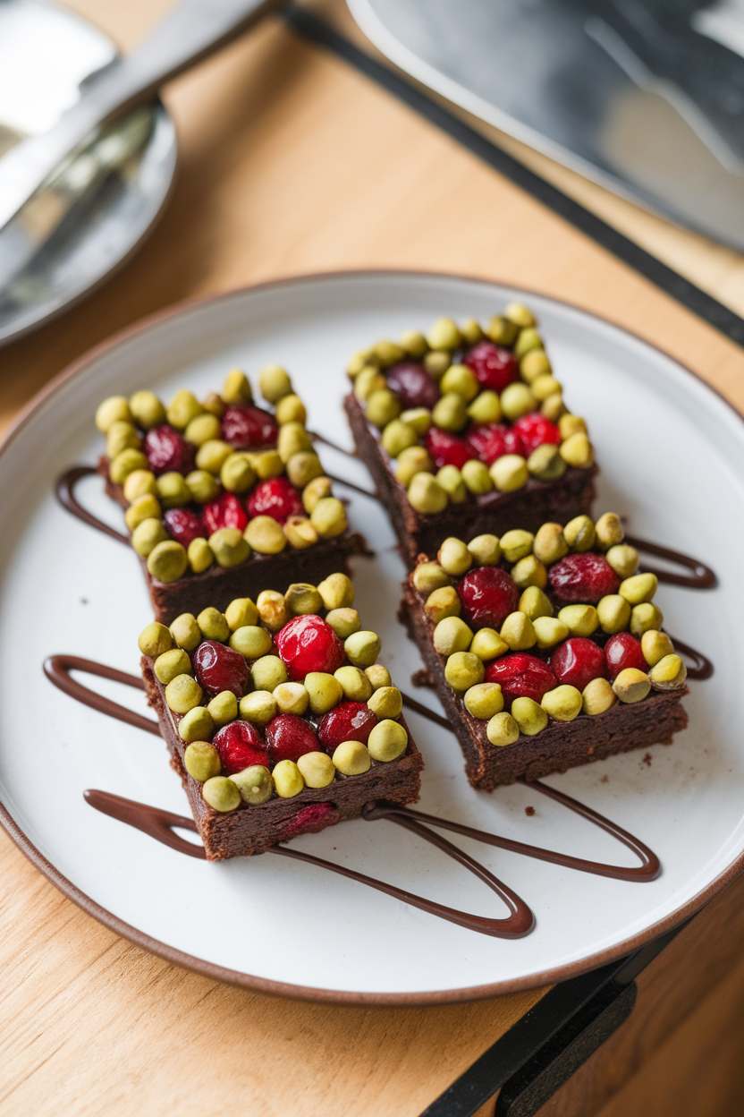 Indoor photo of brownies topped with green pistachios and jewel-red cranberries arranged in gargoyle face patterns; no text or logos