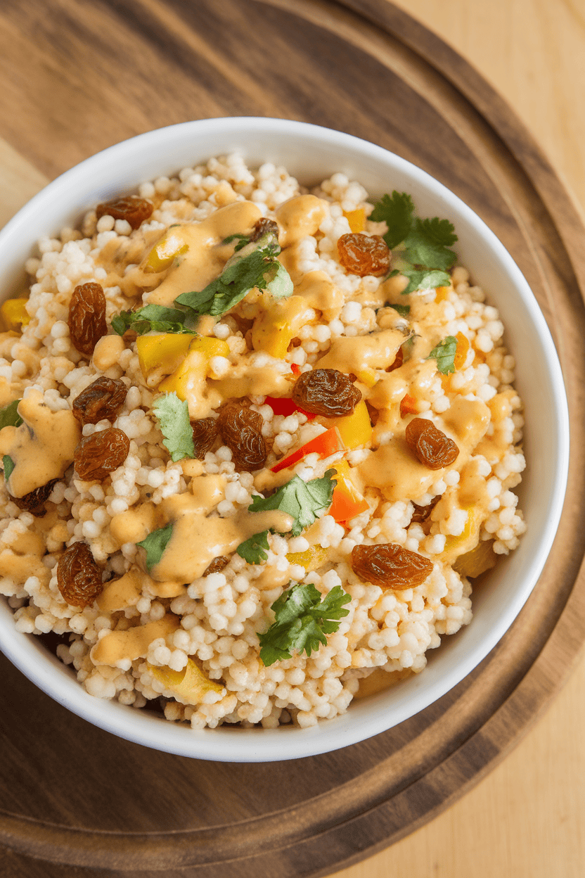 An indoor bowl of fluffy couscous speckled with golden raisins, diced bell peppers, and chopped cilantro, light curry dressing visible. No text or logos; photo only.