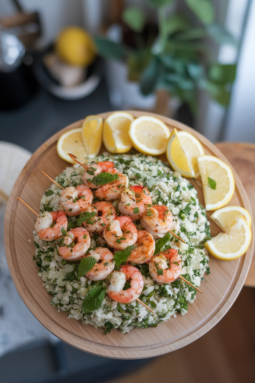 Overhead photo of cauliflower rice tabbouleh topped with grilled shrimp skewers and lemon wedges. Indoor, no logos.