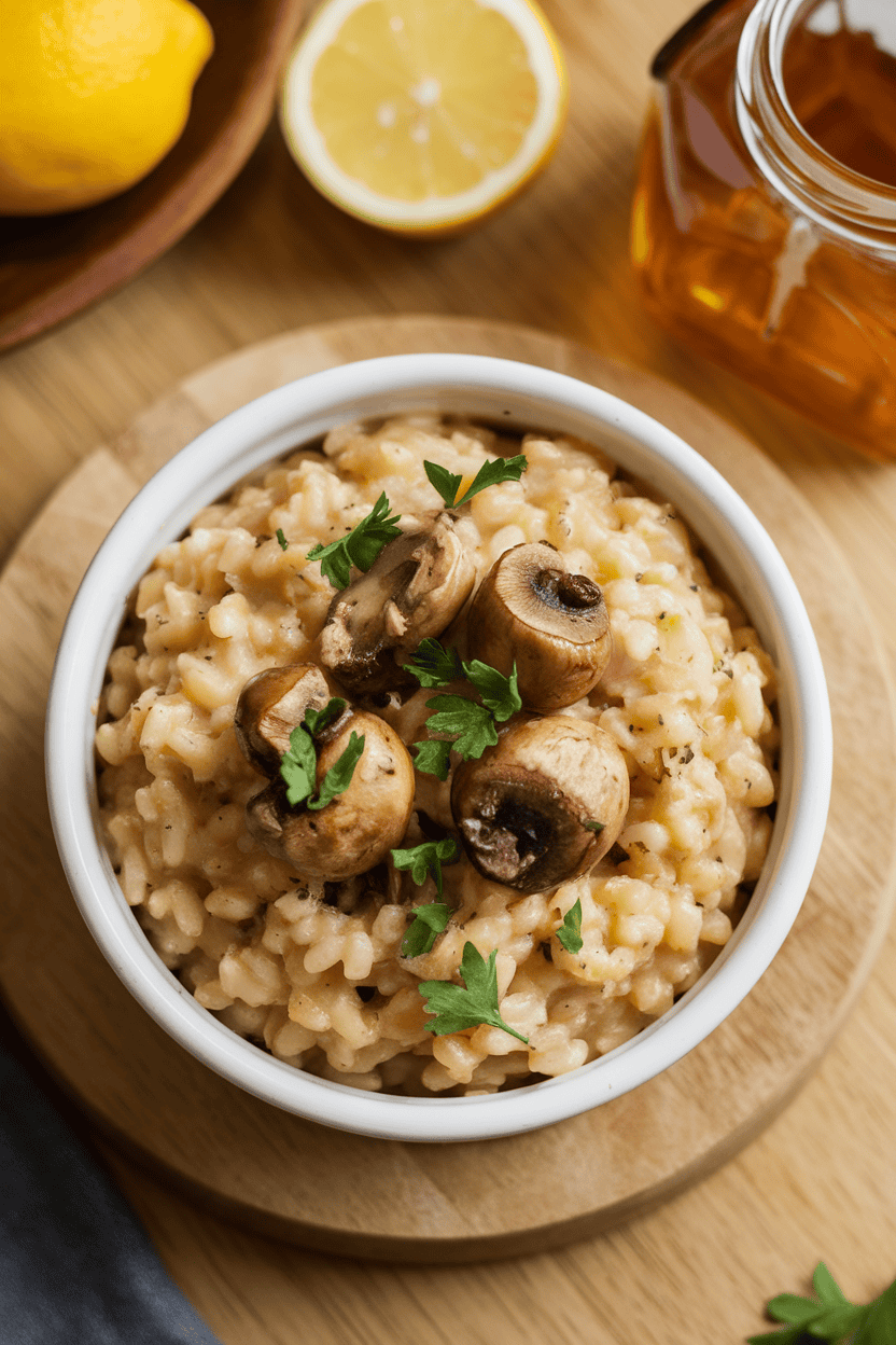 Indoor photo of a ramekin filled with barley risotto dotted with roasted mushrooms and fresh parsley, slight overhead angle, no text or logos.