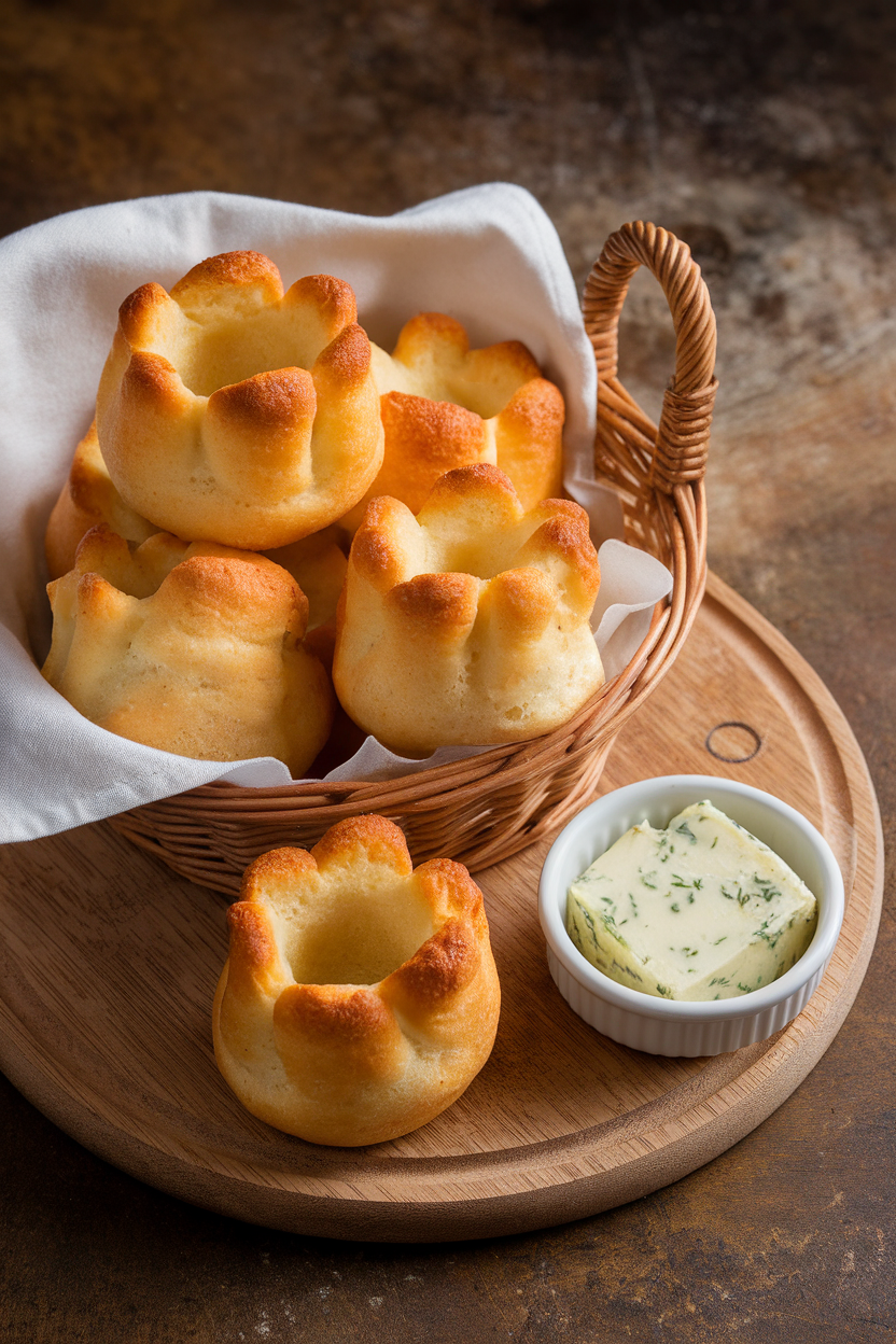 Indoor bread basket scene with a board of mini popovers, golden and puffed, accompanied by herb compound butter in a small dish. No text or logos. Photo only.