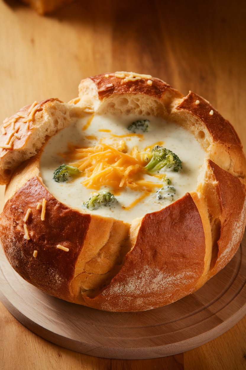 Indoor photo of a bread bowl filled with broccoli cheddar soup, cheese shreds melting on top. Warm lighting, no logos or text.