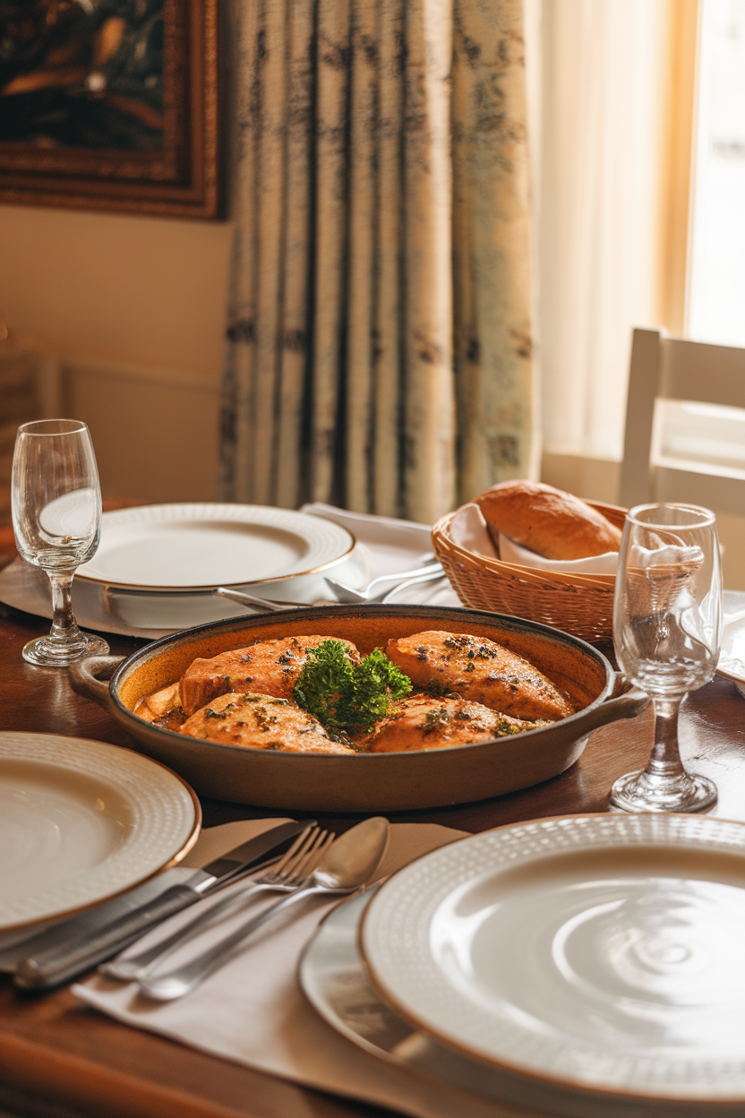 Indoor dining table with a shallow dish of chicken piccata in lemon-capers sauce, garnished with parsley. Warm light, no logos. Photo.