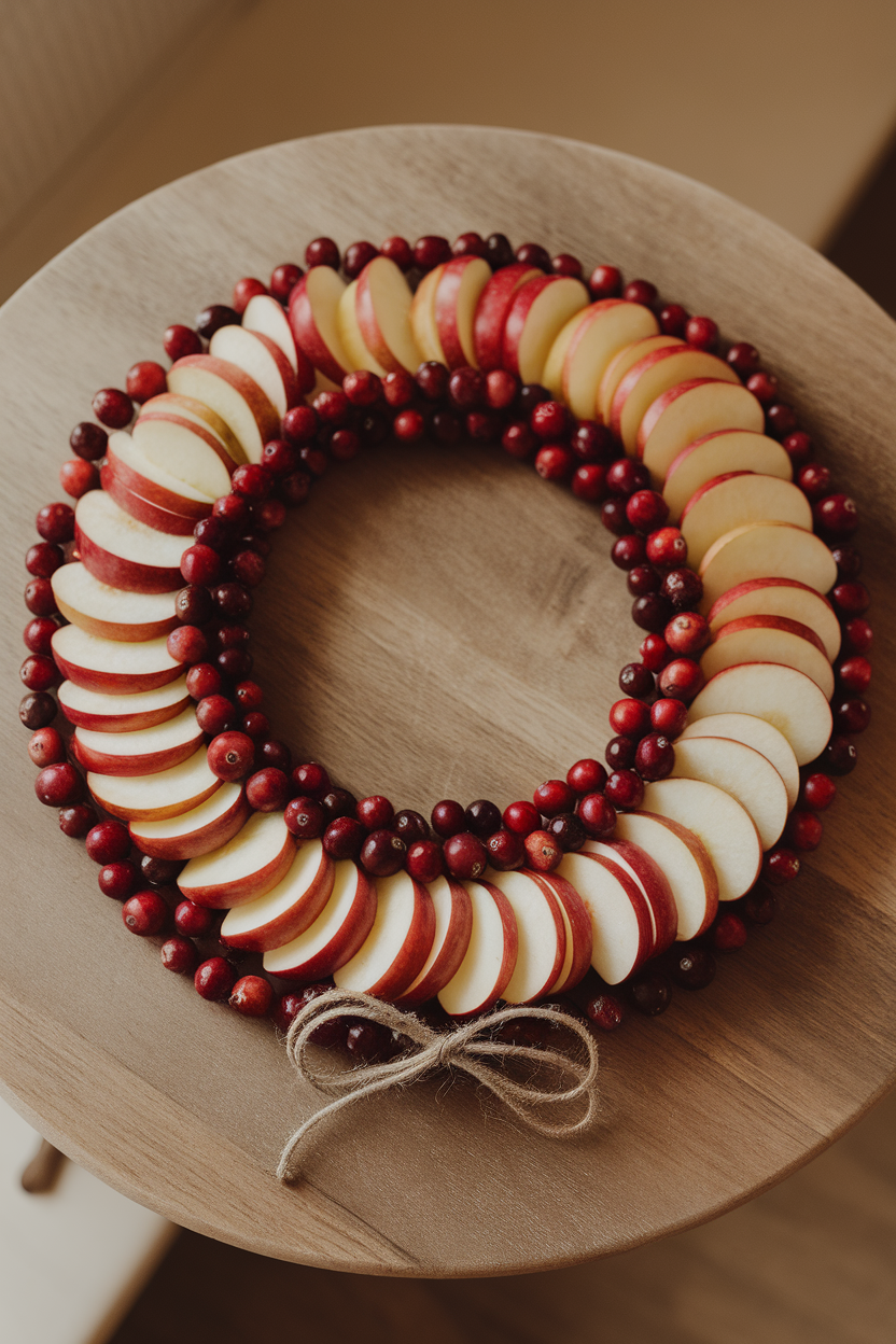 A round wooden board indoors with alternating slices of apple and rings of fresh cranberries forming a wreath, a twine bow at the bottom. No text or logos.