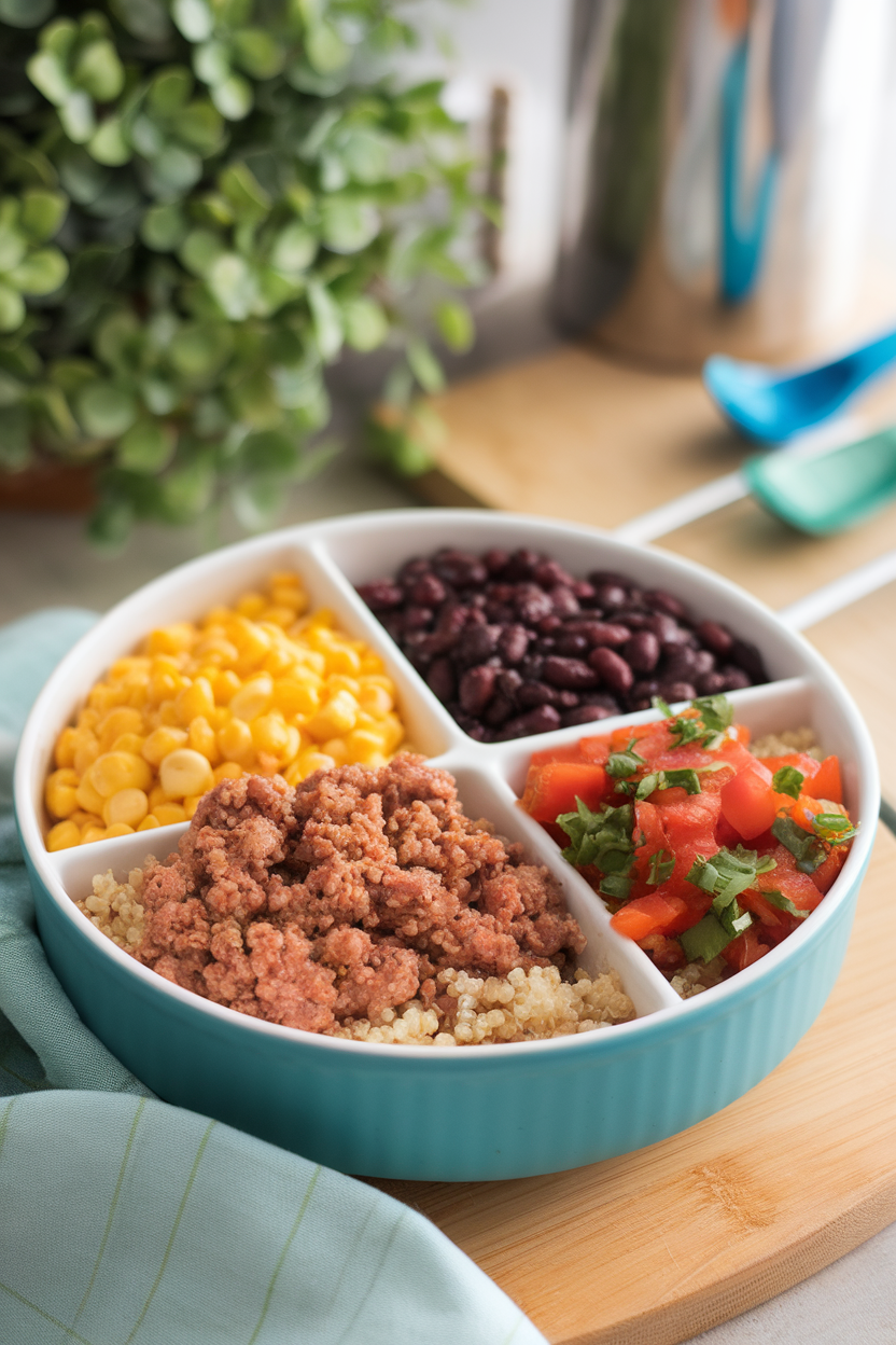 Photo of a divided meal prep bowl featuring cooked quinoa, seasoned ground turkey, corn, black beans, and salsa indoors under soft lighting. No text or logos.