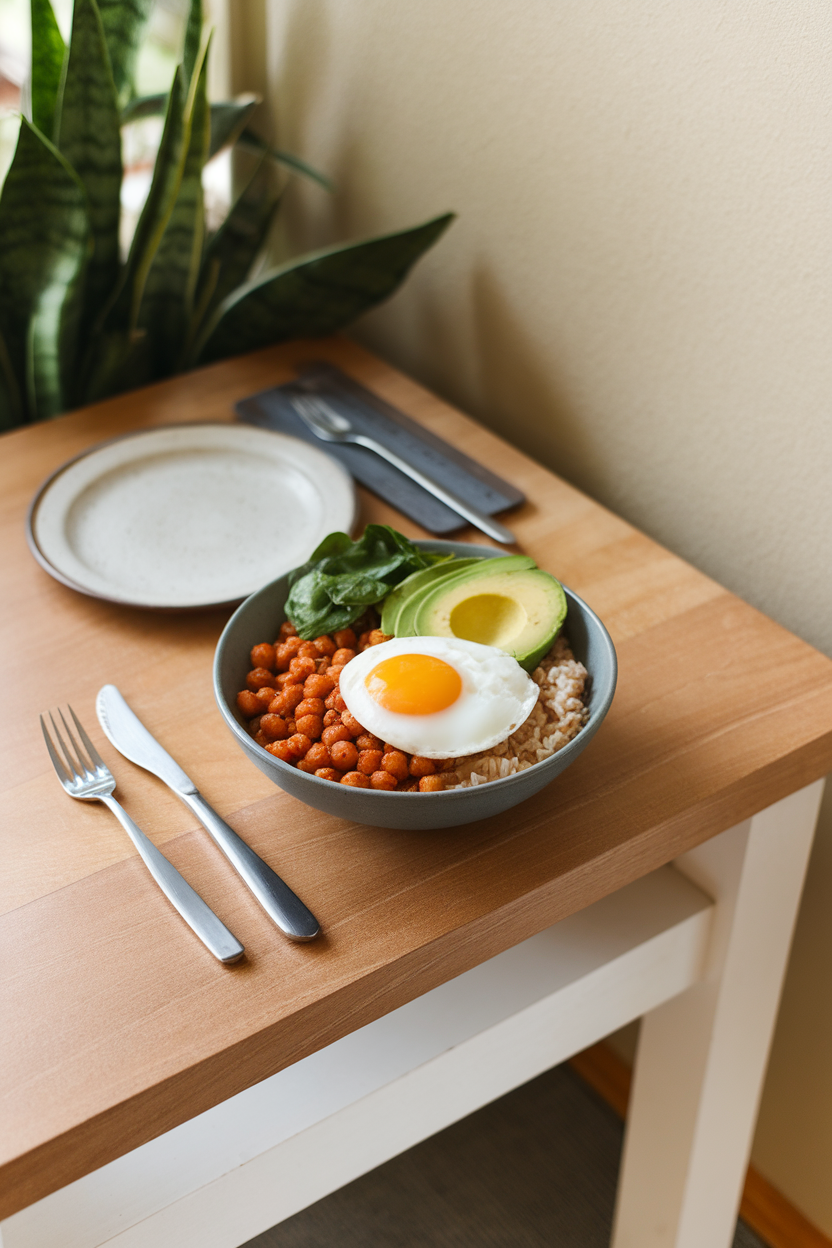 Photo of an indoor breakfast nook table with a bowl of sautéed spicy chickpeas, sliced avocado, baby spinach, and a sunny-side egg over brown rice. No visible text or logos.