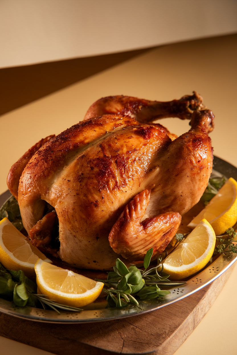 Whole roast chicken on a platter with lemon wedges and herbs, photographed indoors. No text or logos. Photo.
