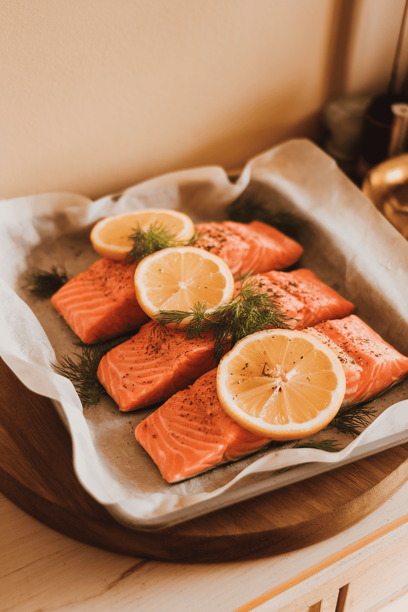 A parchment-lined indoor serving platter with cooked salmon fillets topped with lemon slices and fresh dill; no raw fish visible, warm lighting, no text or logos; photo.