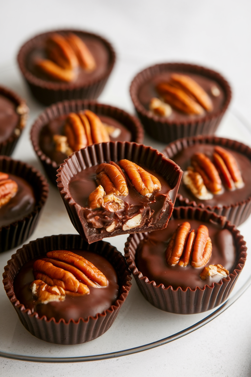 An indoor platter of mini chocolate cups filled with pecan pie filling, glossy tops set, one bite taken out of a cup. No text or logos. Photo only.