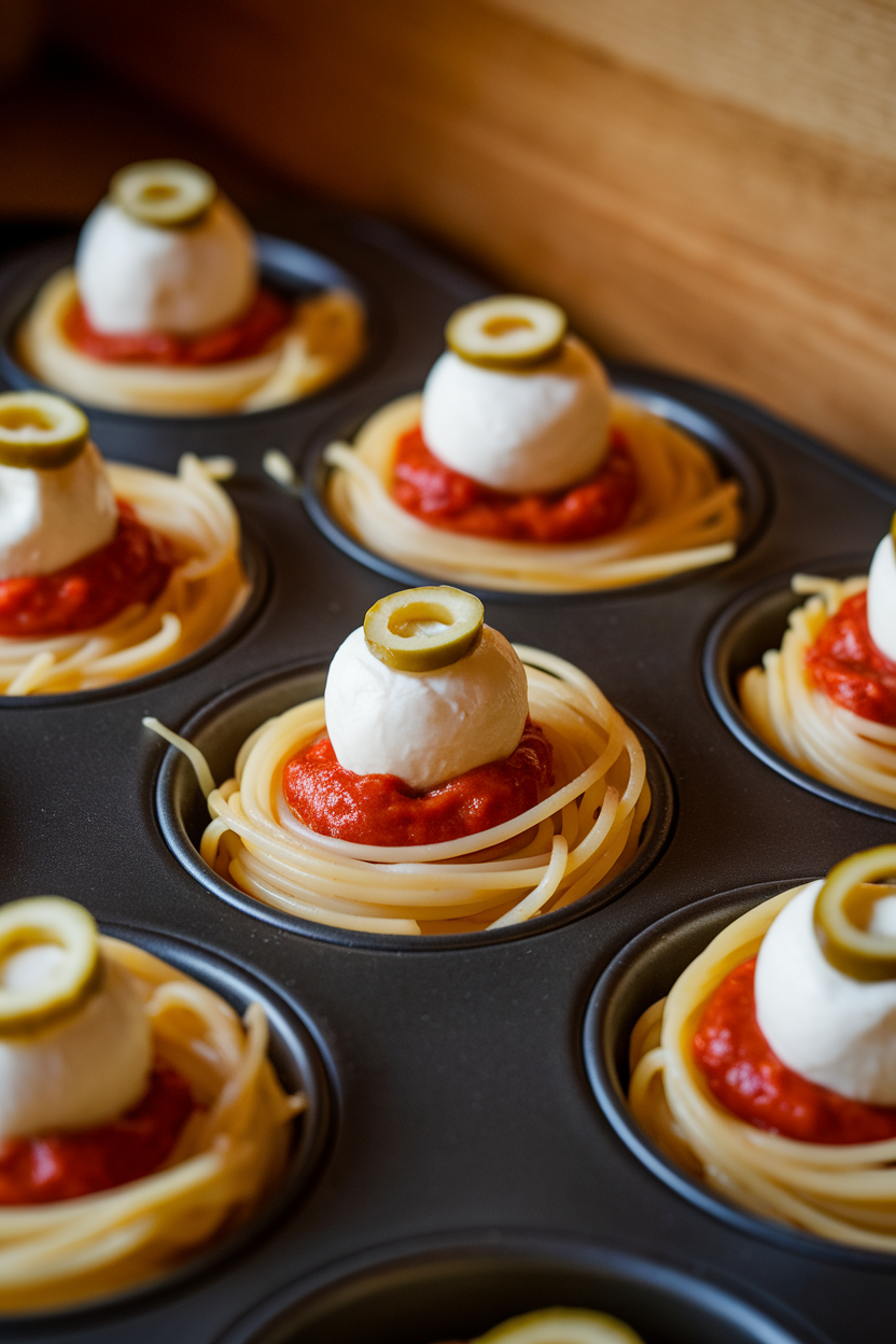 Photo of muffin-tin spaghetti nests topped with a saucy mini mozzarella ball and sliced olive pupil, taken indoors with warm lighting. No text or logos.