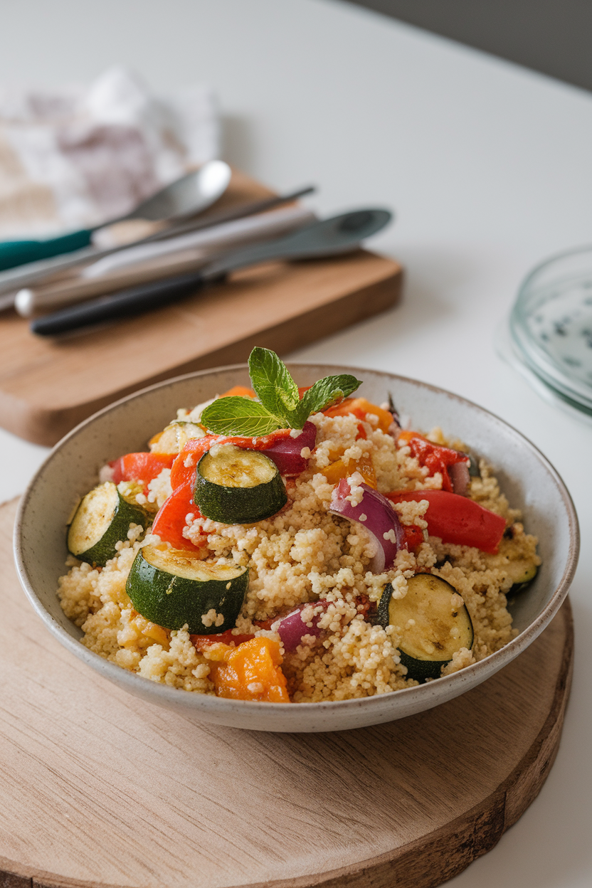 A serving bowl indoors containing fluffy couscous mixed with roasted zucchini, bell peppers, and red onion, garnished with mint. No logos or text.