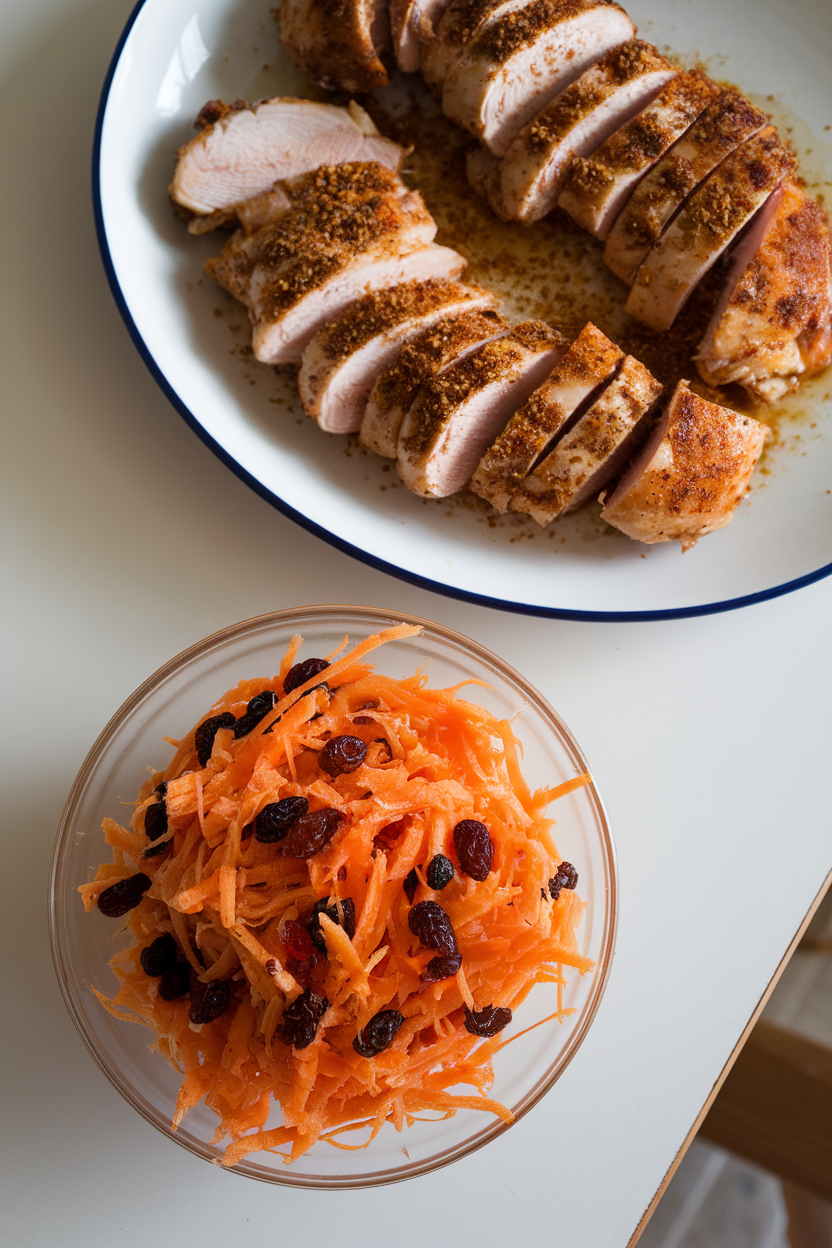 Photo, indoor table top with sliced chicken thighs dusted in ras el hanout beside grated carrot salad with raisins and citrus; no text or logos.
