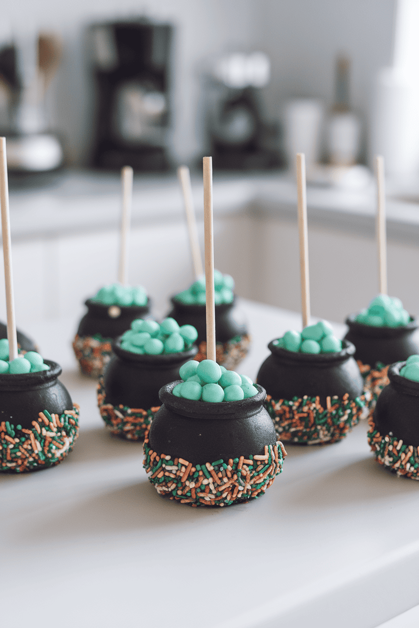 Mini black cauldron-shaped cake pops with bubbling green candy on top and sprinkle “bubbles,” indoor kitchen counter; no text or logos. Photo.