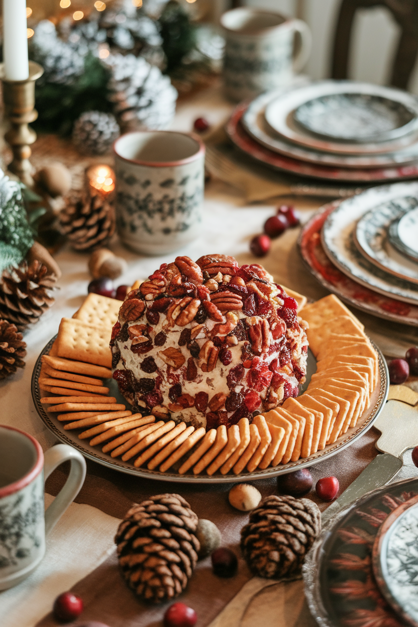 Indoor holiday table showing a round cheese ball coated in dried cranberries and chopped pecans, set on a plate with butter crackers around. No text or logos. Photo only.