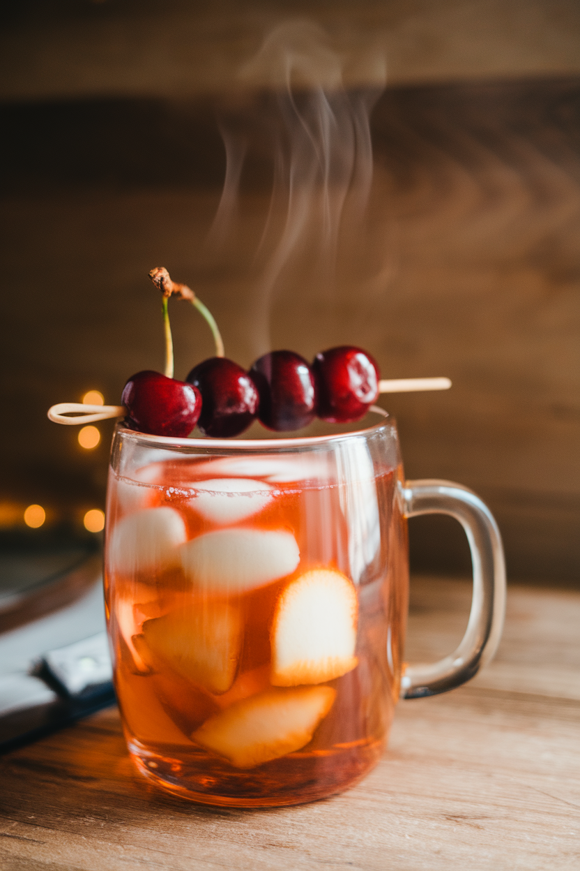 Photo of a clear mug indoors, steaming cherry amaretto cider garnished with a trio of skewered cherries. No text or logos present.