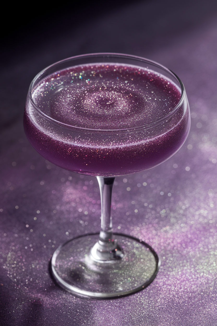Indoor photo of a shimmery purple drink in a clear coupe glass, edible glitter swirling under overhead light. No text or logos present.