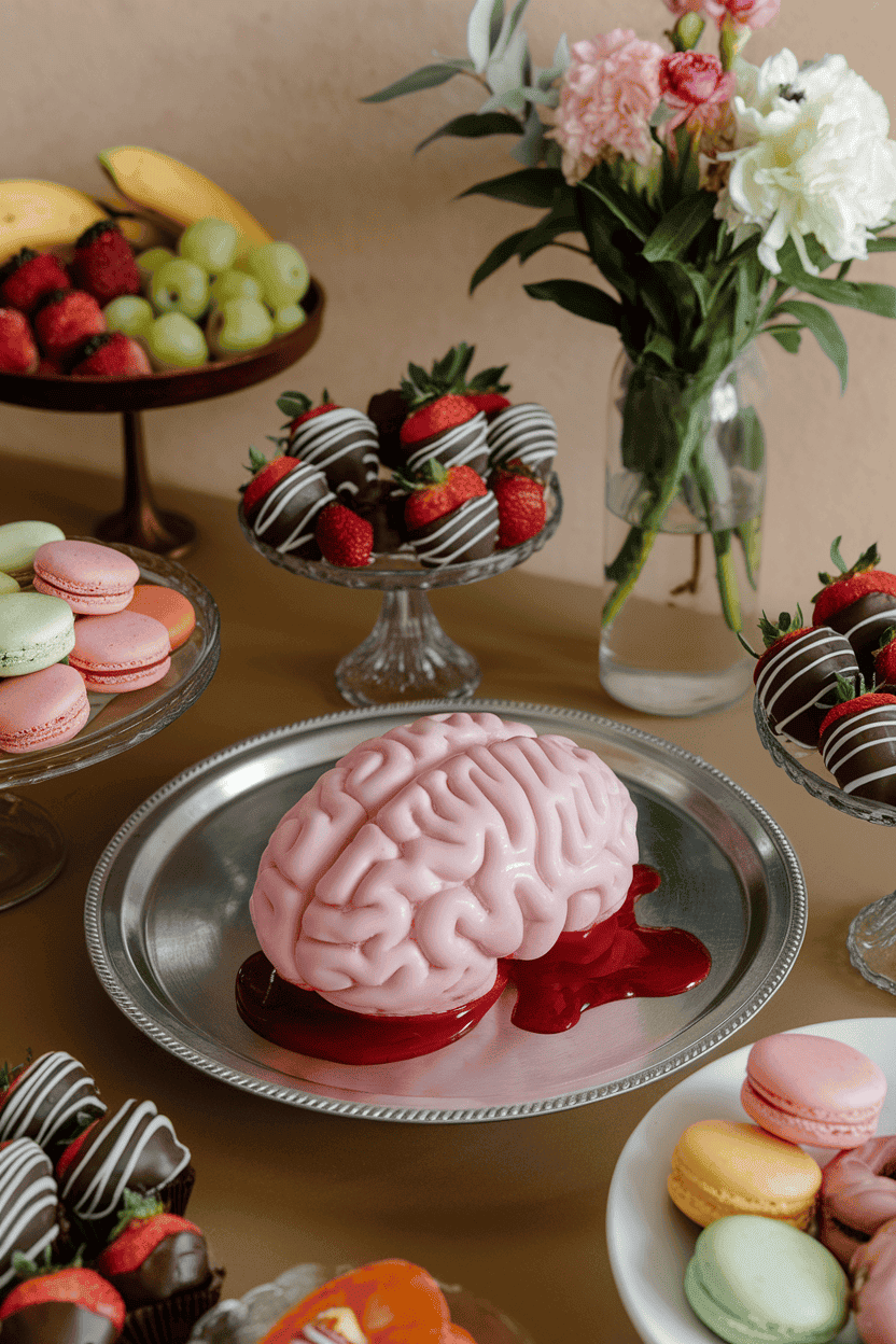 An indoor dessert table with a molded gelatin brain in light pink set on a metal tray, raspberry sauce oozing around. No text or logos visible.