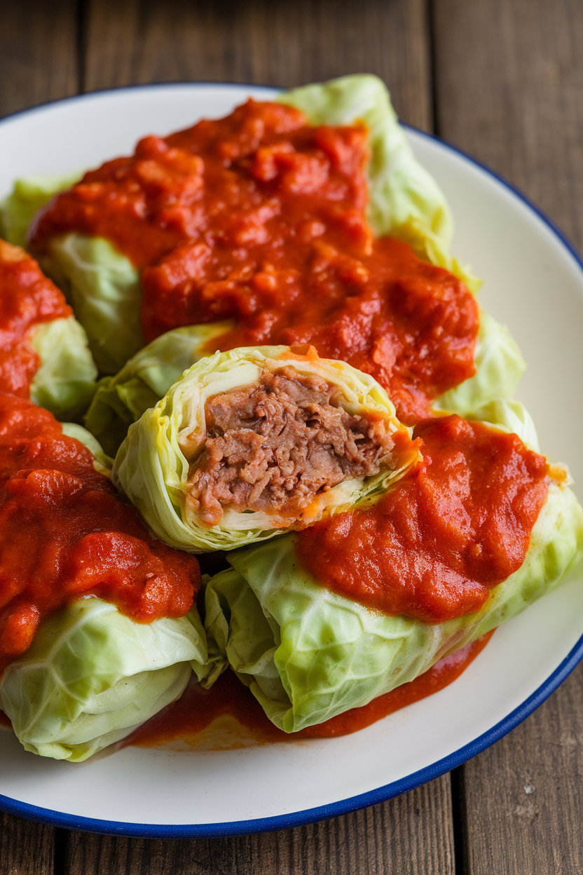 Indoor photo of tomato-sauced cabbage rolls on a platter, one cut open to show beef-rice filling. No logos or text.