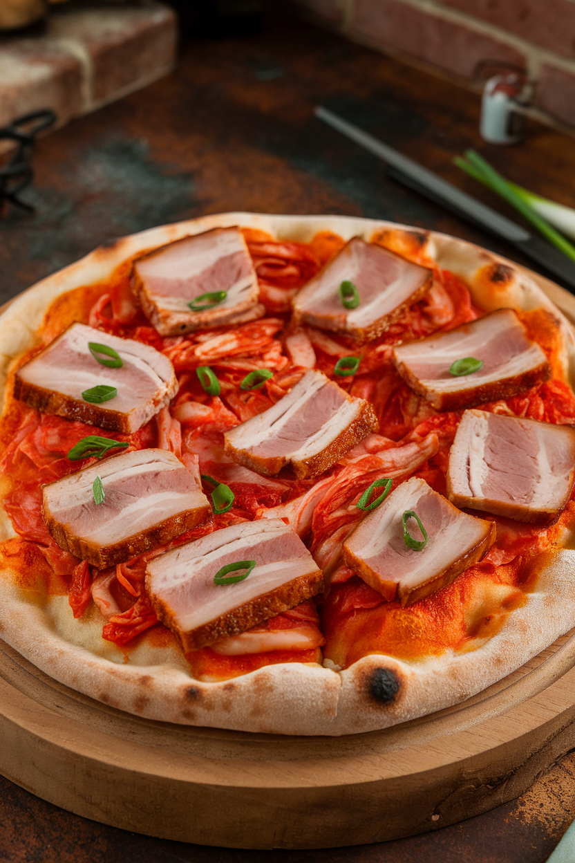 Indoor scene of a pizza topped with vibrant red kimchi and sliced pork belly, cheese peeking underneath like lunar surface. Photo only, no text or logos.