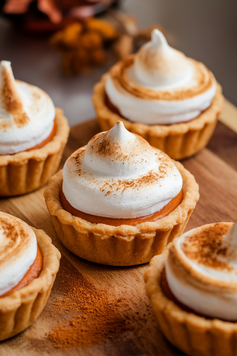 Indoor photo of individual sweet potato pies in muffin-tin crusts, dollops of marshmallow meringue toasted on top. No text or logos.