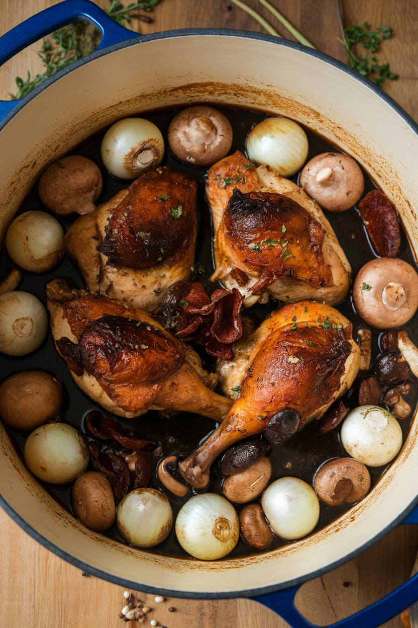 Indoor photo of dark-sauced coq au vin in a Dutch oven, chicken pieces nestled among pearl onions, mushrooms, and lardons. No text or logos.