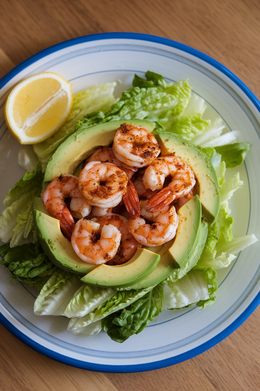 Indoor salad plate with romaine, sliced avocado, Cajun-spiced shrimp, and a lemon wedge. No text or logos.