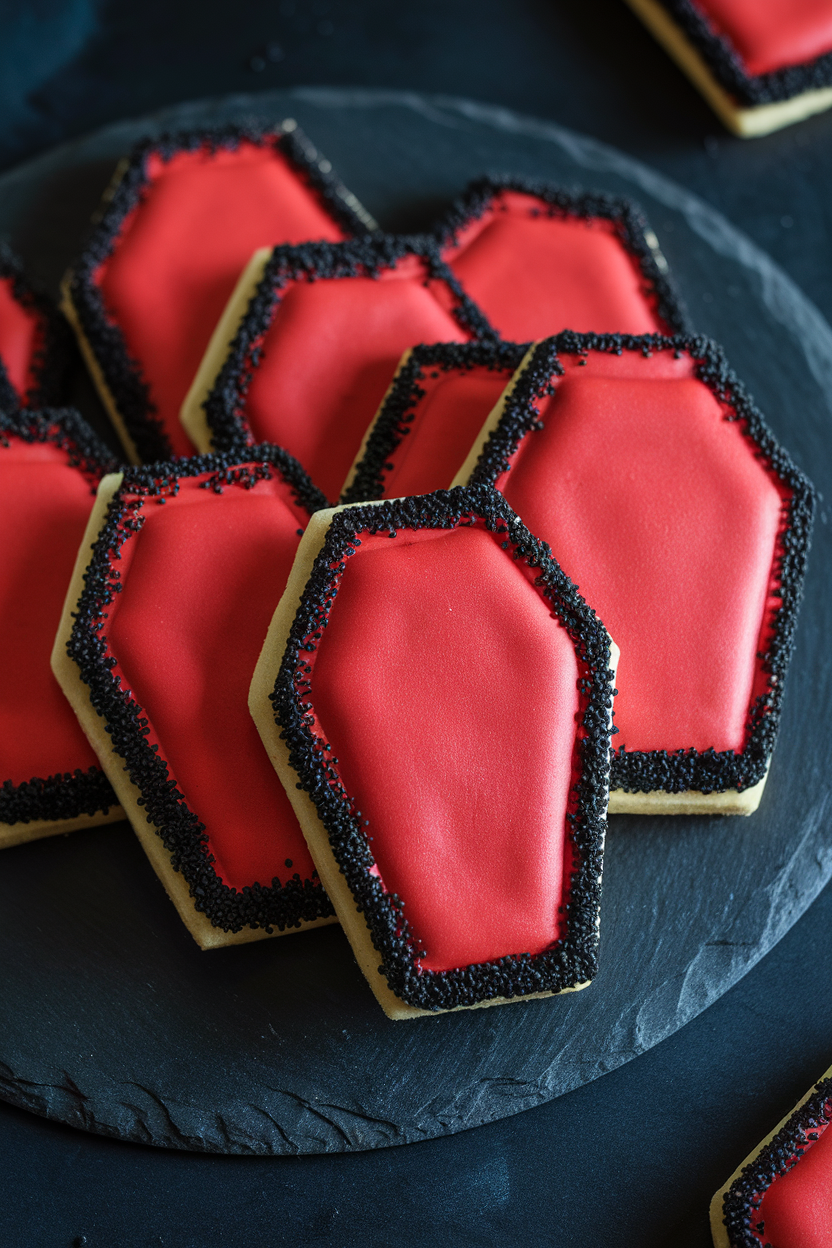 Indoor photo of coffin-shaped sandwich cookies filled with red buttercream, edges dipped in black sanding sugar, presented on a dark slate, no text or logos.