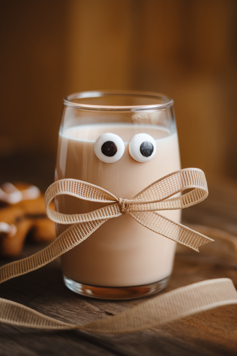 Indoor photo of gingerbread-spiced milk in a glass wrapped with thin gauze ribbon, two candy eyes glued to the glass with frosting. No text or logos visible.