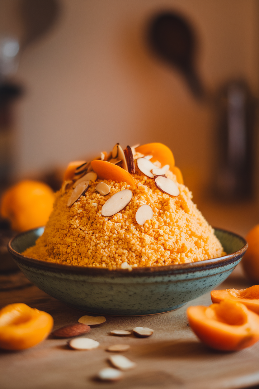 Photo of a mound of yellow couscous with sliced almonds and apricots in a bowl indoors; no text or logos.