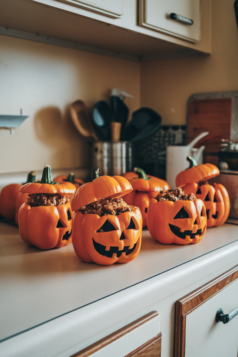 Indoor kitchen counter with orange bell peppers carved like jack-o’-lanterns, filled with rice and beef mixture, lids set askew. Photo, no text or logos.