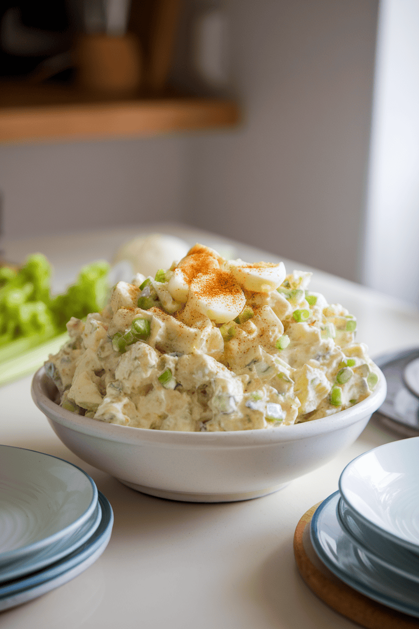 A softly lit indoor kitchen table featuring a white bowl piled high with creamy potato salad studded with chopped celery, hard-boiled eggs, and a light sprinkle of paprika on top. No text or logos anywhere in the scene; photo, not illustration.