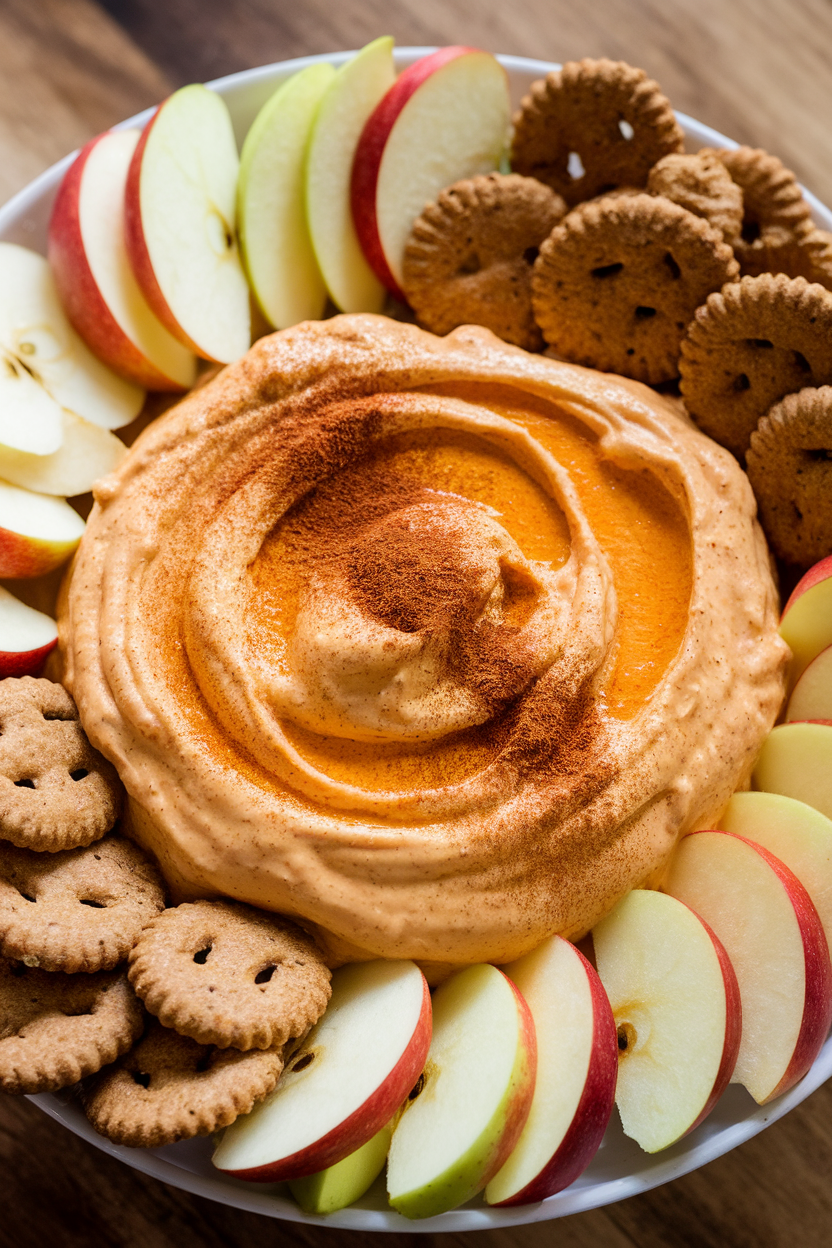 An indoor serving dish filled with creamy orange dip, cinnamon sprinkled on top, surrounded by sliced apples and gluten-free ginger snaps. No text or logos.