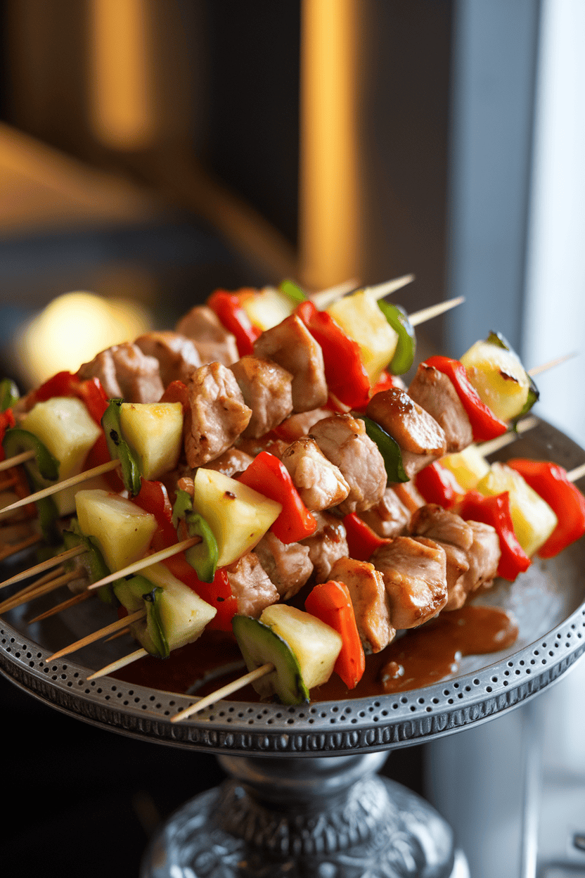 Photo of kebabs threaded with cooked chicken chunks, pineapple, and bell peppers glazed in teriyaki sauce on an indoor serving tray. No logos or text visible.