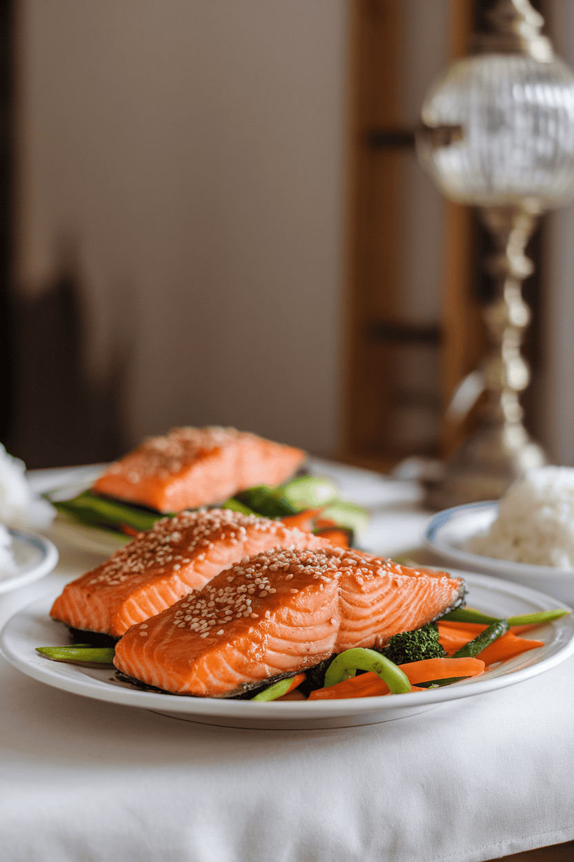 An indoor dining table showcasing cooked salmon fillets coated in shiny teriyaki glaze, sesame seeds sprinkled, no raw fish present. No text or logos.