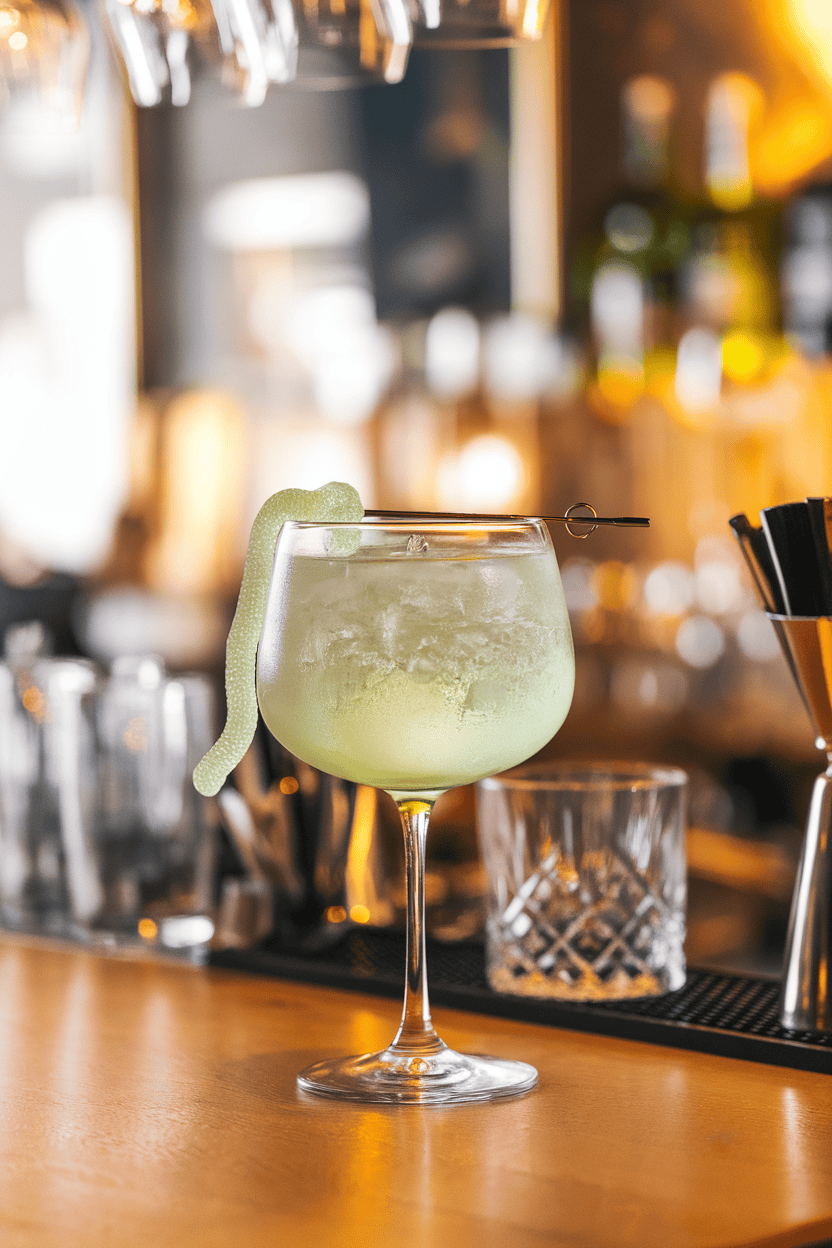 Indoor bar with a Collins glass of pale green gin cocktail, gummy worm draped over rim; photo, no logos.
