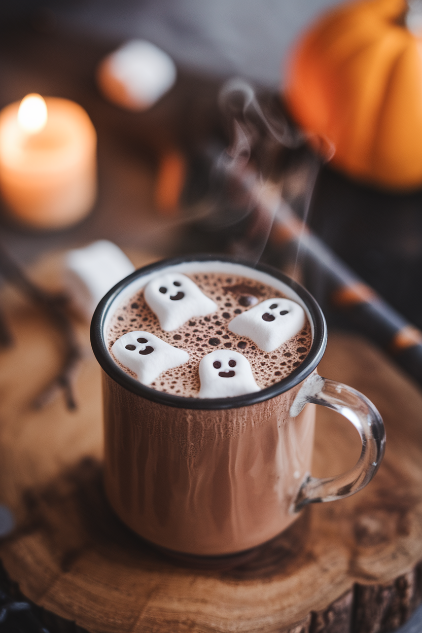 Indoor photo of a steaming mug of hot chocolate topped with ghost-shaped marshmallows floating on the surface. No text or logos in the scene.
