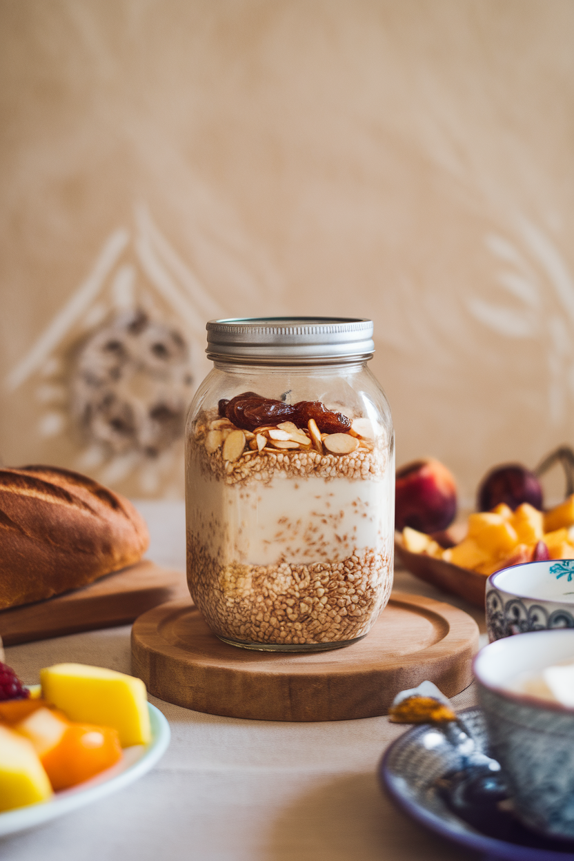 A mason jar on an indoor breakfast table filled with teff grains soaked overnight, topped with sliced almonds and dates, shot at eye level. No text or logos anywhere.