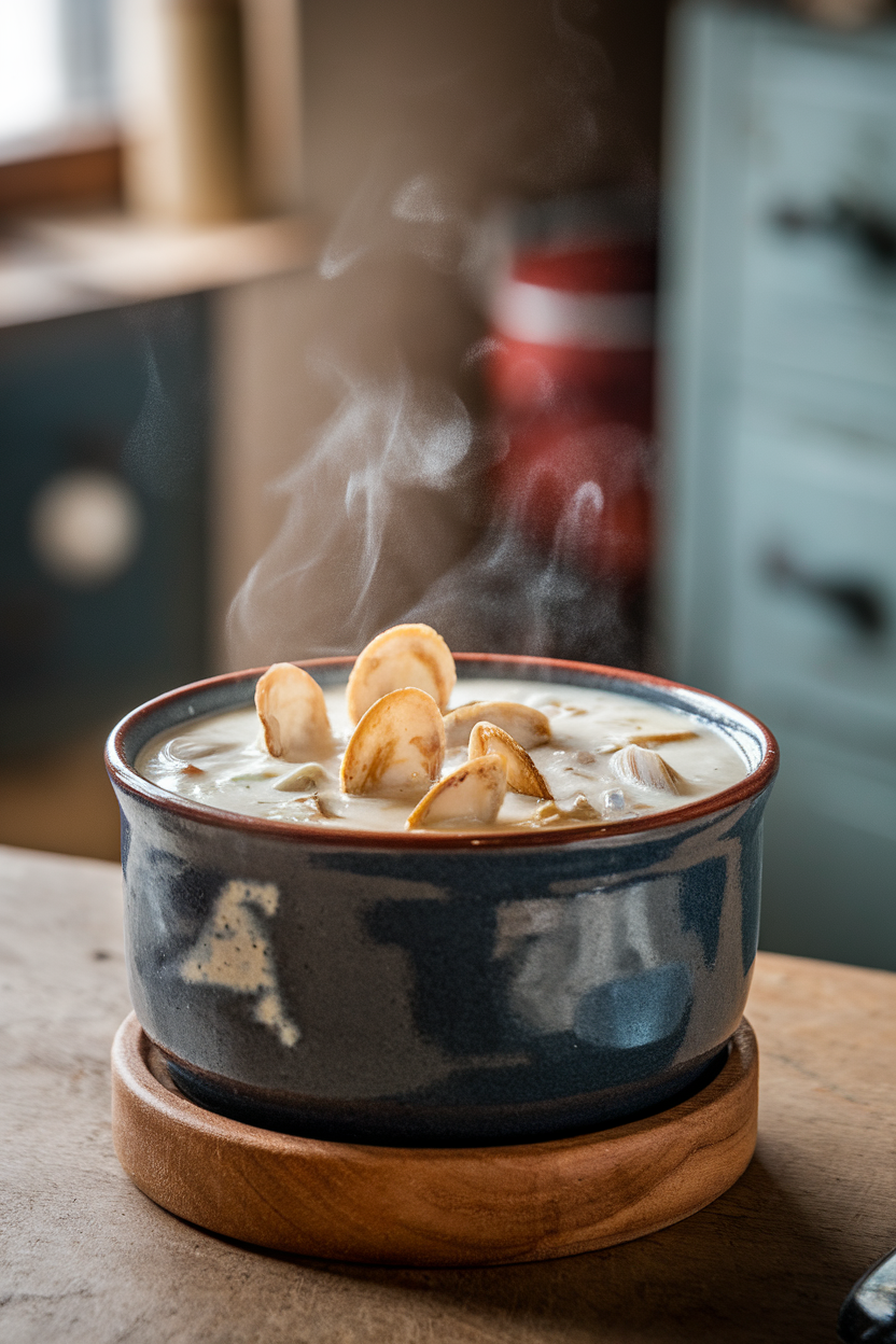 Ceramic bowl of creamy clam chowder topped with oyster crackers, steam visible indoors. No text or logos. Photo.